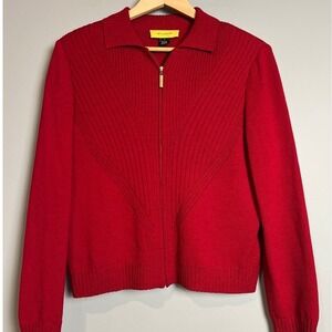 St John Sport Womens Medium Red‎ Ribbed Zip Cardigan Sweater Classic Knit